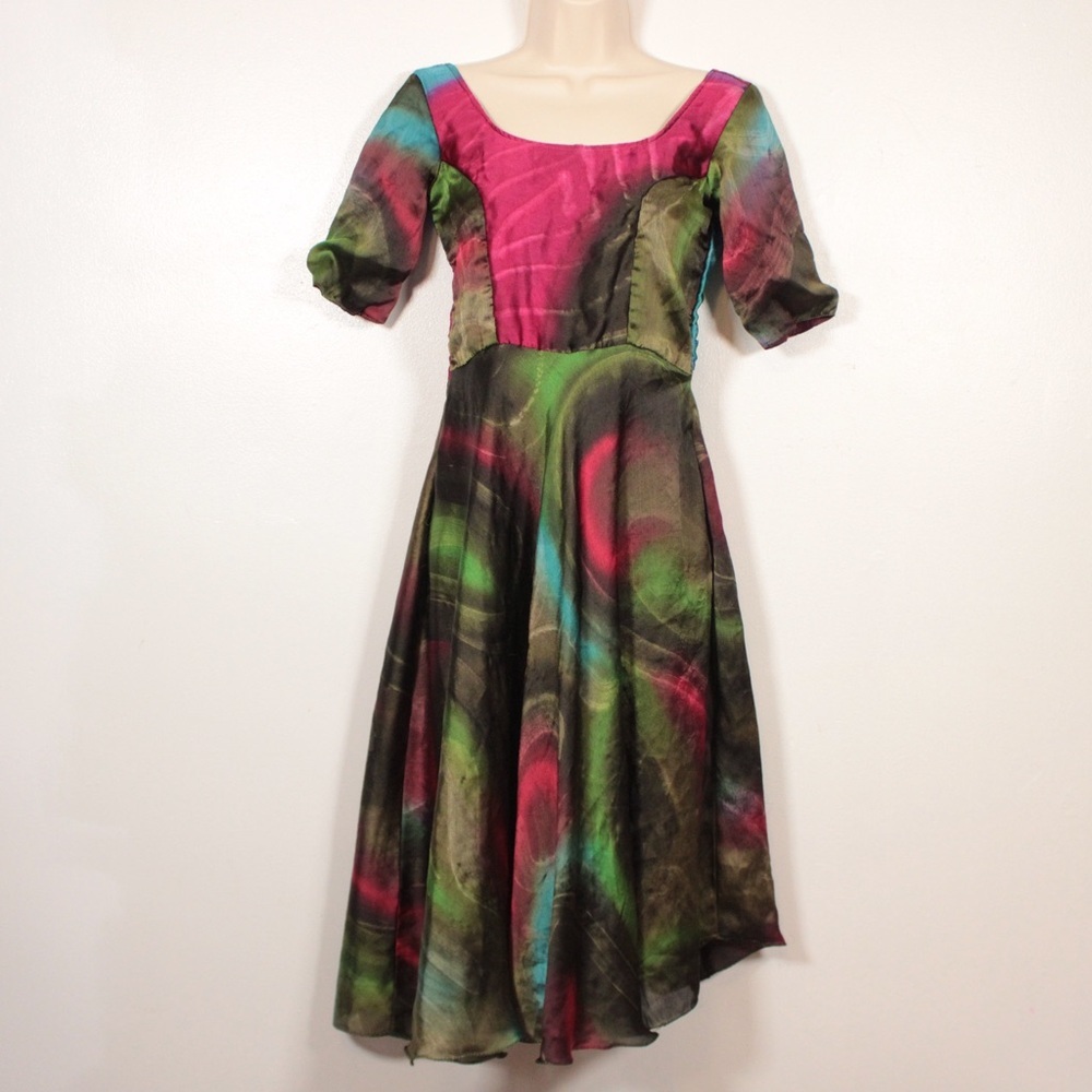 Vintage Multicolor Artistic Midi Dress XS Fairy Whimsigoth Cottagecore Boho